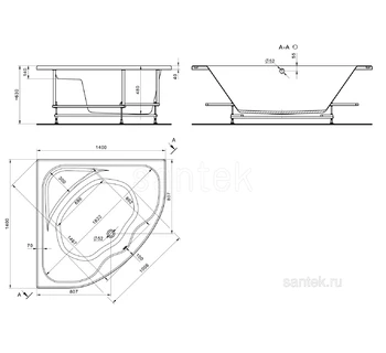 Акриловая ванна Santek Мелвилл 140х140 симметричная 1WH302402