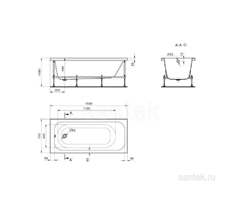 Акриловая ванна Santek Ламма 160х70 прямоугольная 1WH501767