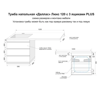 Тумба с раковиной над стиральной машиной Style Line Даллас 120 три ящика цвет белый