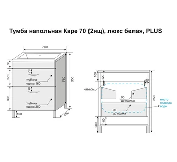 Тумба с раковиной Style Line Каре 70 два ящика цвет белый