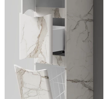 Шкаф-пенал напольный Vod-ok Адель 30 цвет мрамор белый натур милк с бельевой корзиной левый